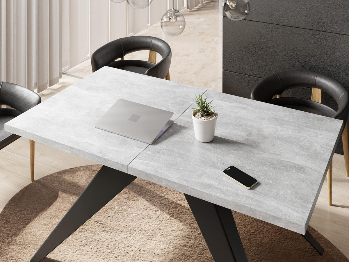 ESSTISCH Vance rechteckig ausziehbar, Grauer Beton 160-260/90/76 cm - Hellgrau/Schwarz, Holzwerkstoff/Metall (160/90/76cm) - WFL GROUP
