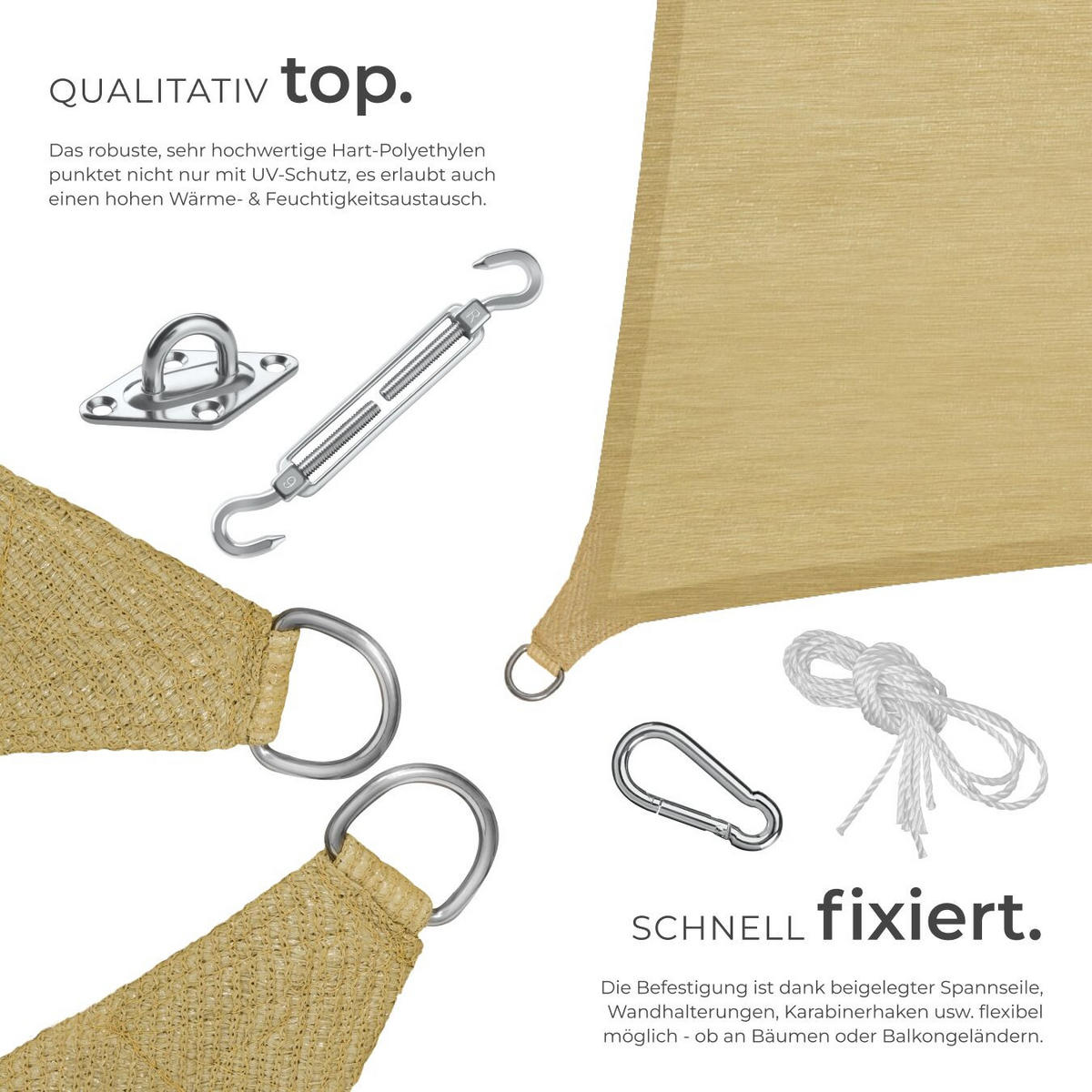 SONNENSEGEL Sunny,umfangreiches Montagematerial,Sand - Sandfarben, Kunststoff (600/400cm) - tectake