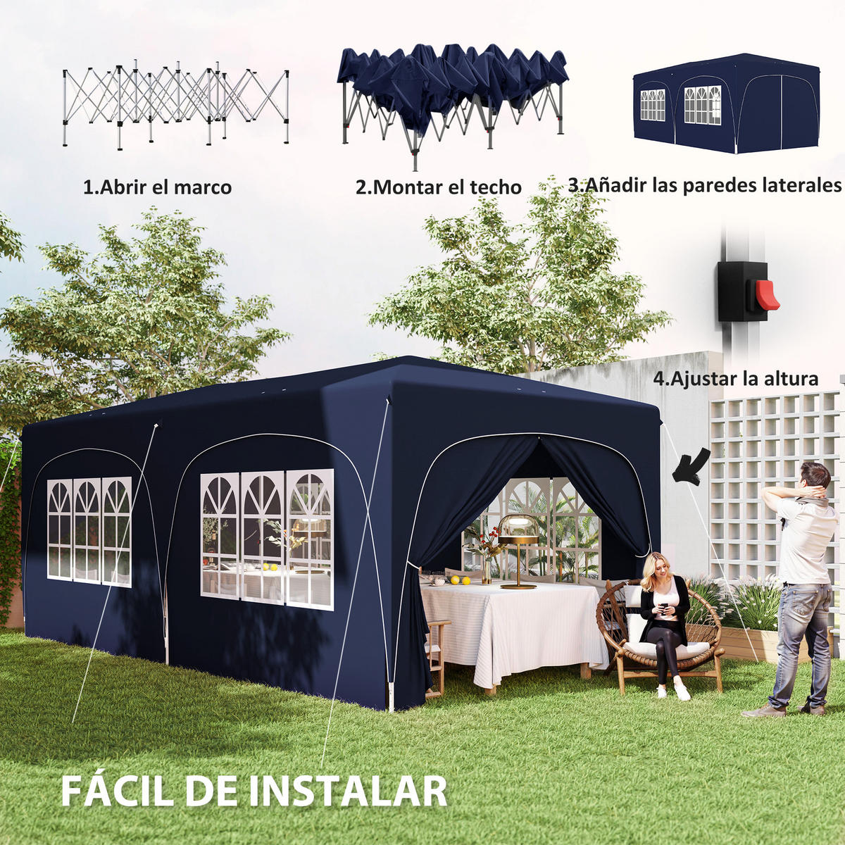 FALTPAVILLON, 3x6m, Seitenwände, UPF50+, höhenverstellbar, Dunkelblau - Multicolor, Metall (597/270/300cm) - FORIOUS