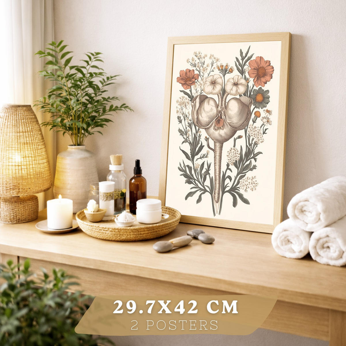 POSTER Set aus 2 Anatomie Mensch Drucke und mit Weiblicher Silhouette und Fortpflanzungssystem Botanischer Stil Größe Leichter Holzrahmen A3 - Beige, Papier (29.7/42/3cm) - Nacnic