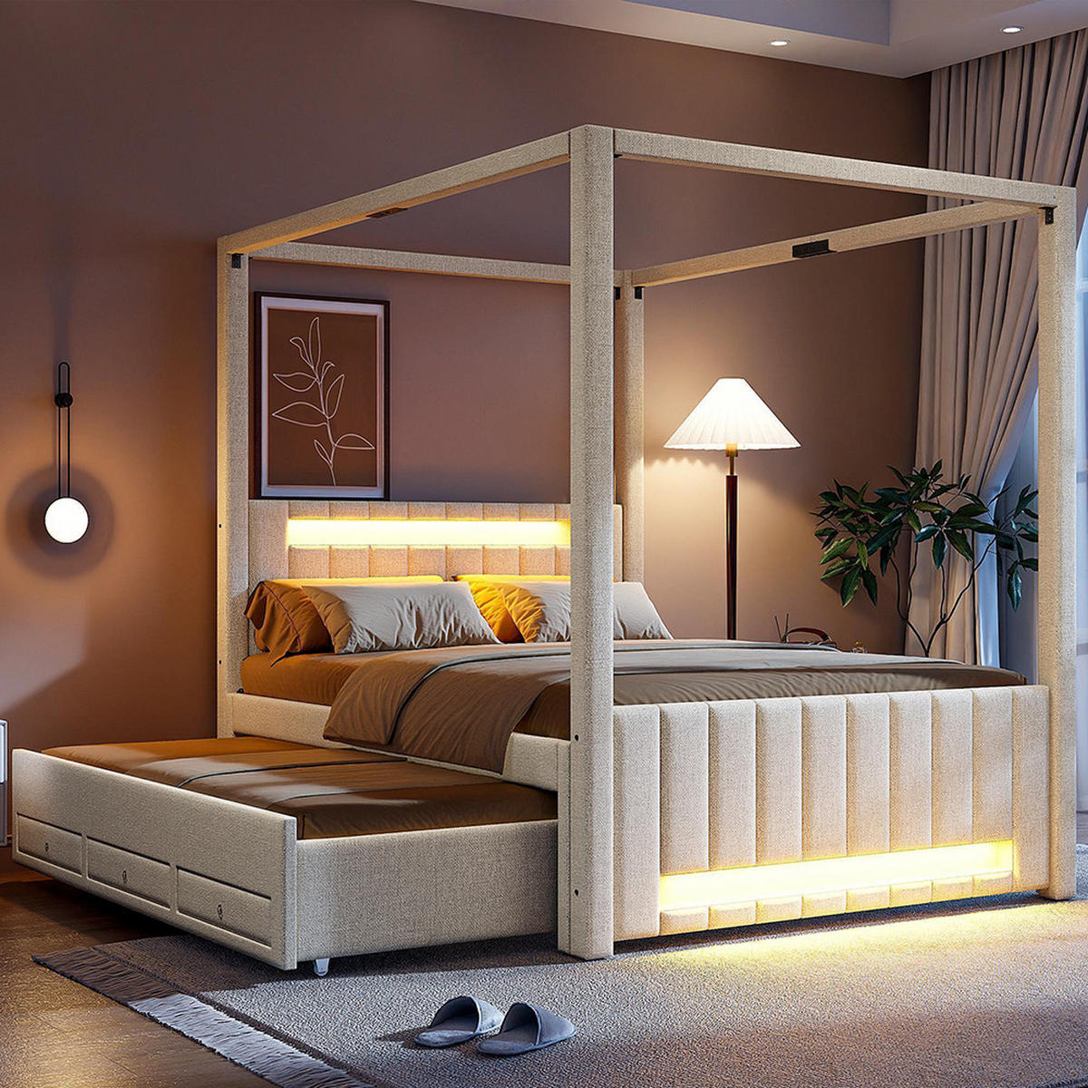 HIMMELBETT 140x200 cm mit Ausziehbett und drei Schubladen, Beige - Beige, Holz (140/200cm) - KOMHTOM