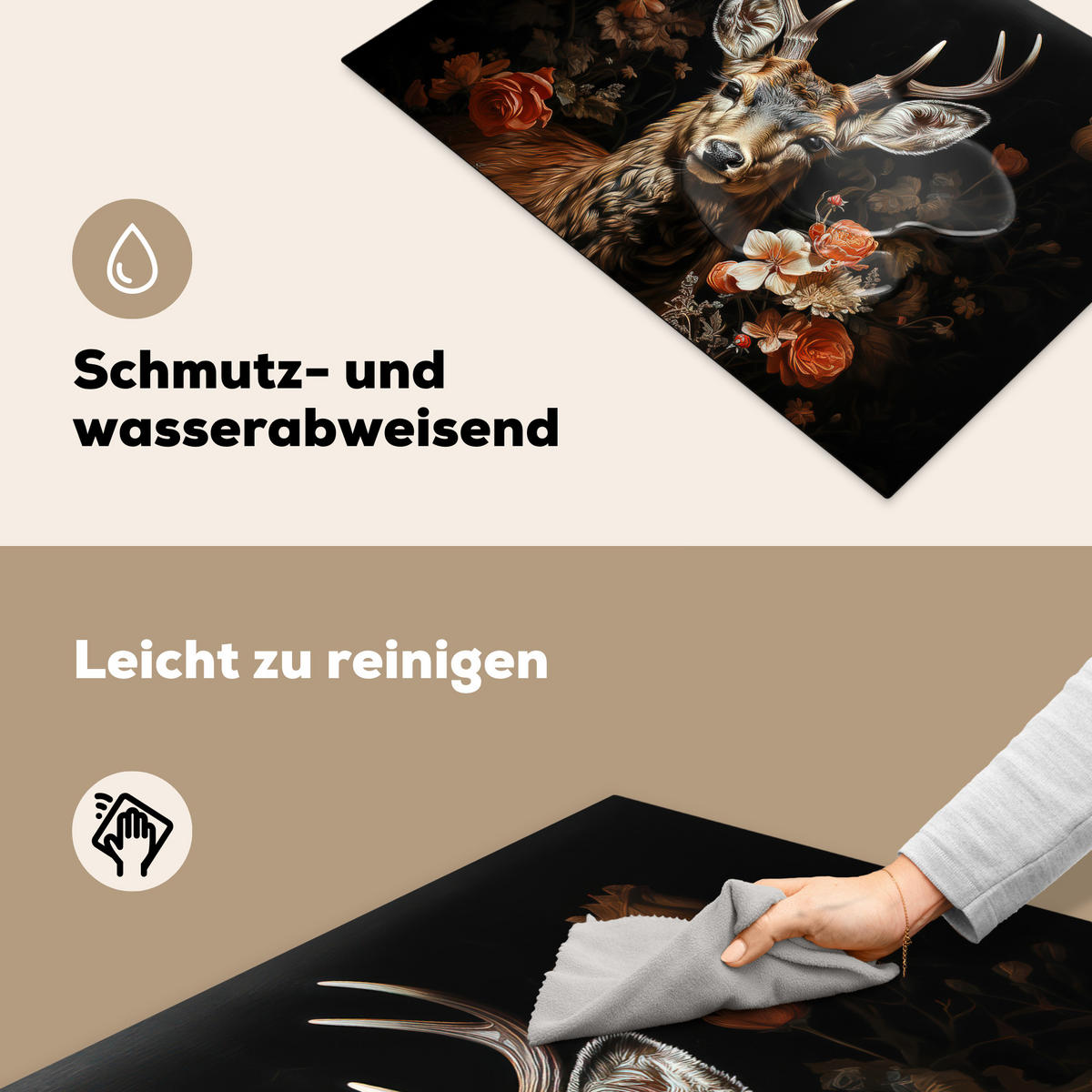 HERDABDECKPLATTE Hirsch - Tier - Blumen - Natur - Botanisch Herdabdeckung Induktionsfeld 75x52 cm - Kupferfarben, Kunststoff (75/52/0.2cm) - MuchoWow