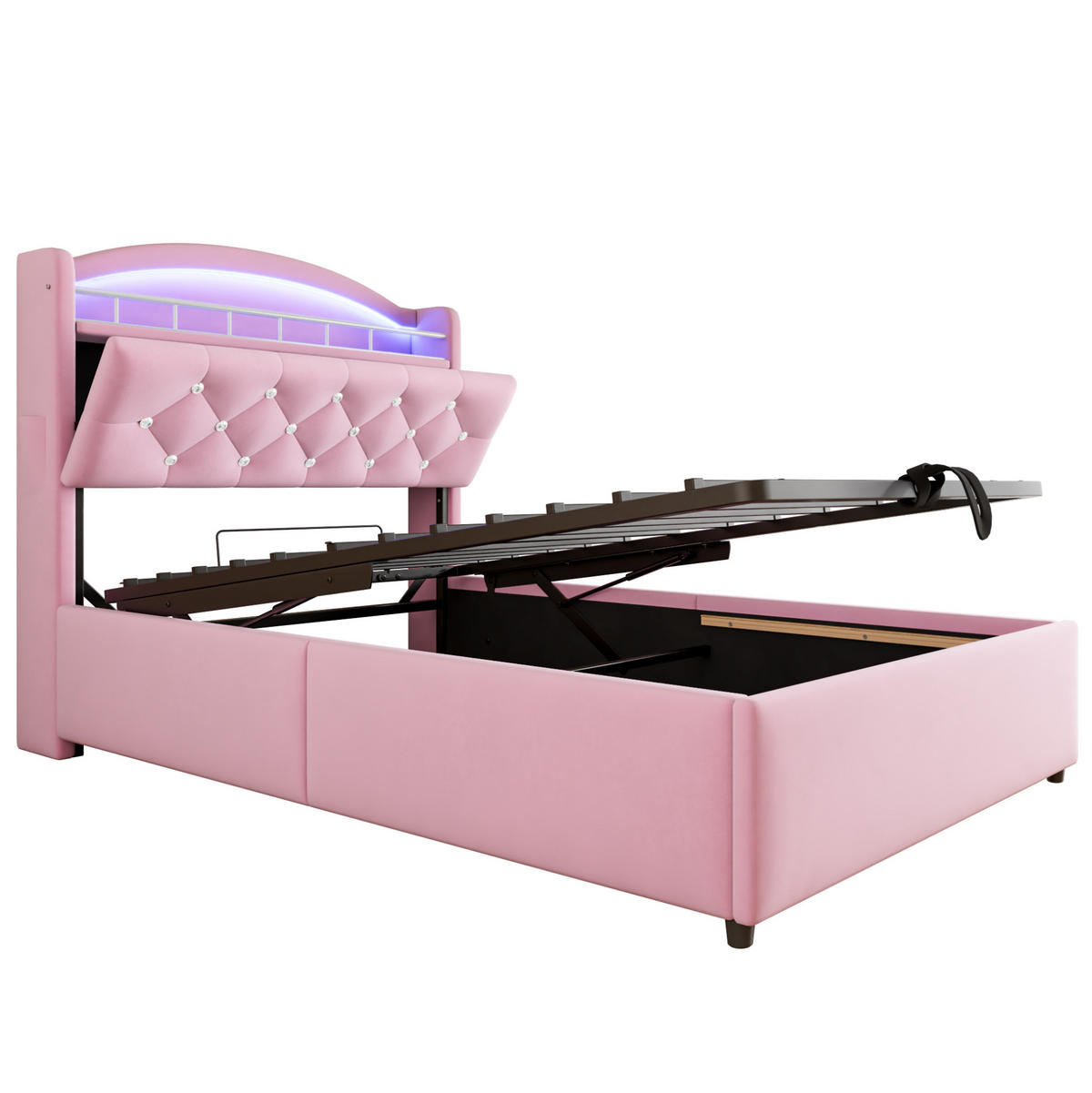 SAMT-POLSTERBETT 90/200 cm mit Bettkasten, LED und USB in Rosa - Pink, Textil (90/200cm) - BEAOK