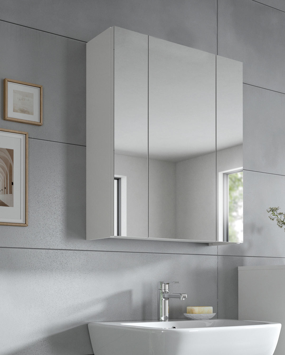 BADEZIMMER Spiegelschrank in weiß Badschrank 3-türig 60 x 70 cm Cover - Weiß, Glas/Holzwerkstoff (60/70/18cm) - Inn.Furn