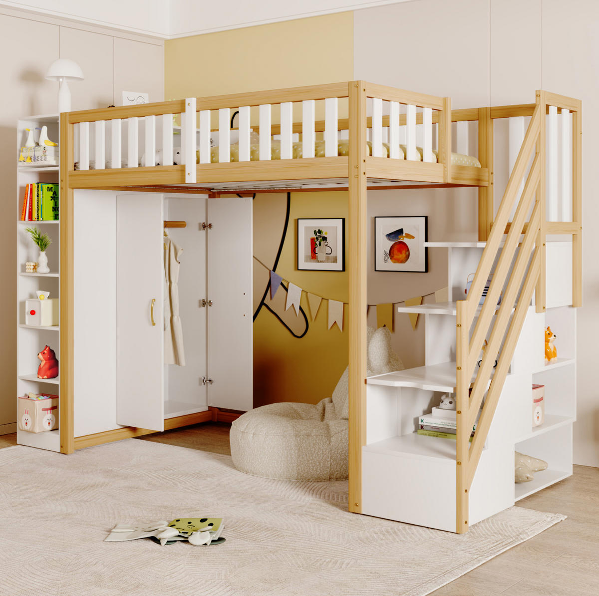 HOCHBETT 90/200 cm mit Kleiderschrank und Regalen, Weiß/Naturholz - Weiß, Holzwerkstoff (90/200cm) - Flora Grace