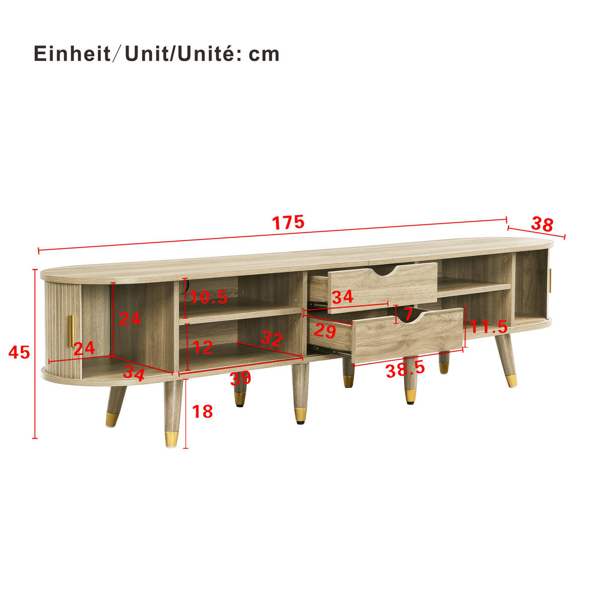 TV-SCHRANK mit Schiebetür 175 x 38 x 45 cm MDF Eiche - Hellbraun, Holzwerkstoff (38/45/175cm) - Beauniv