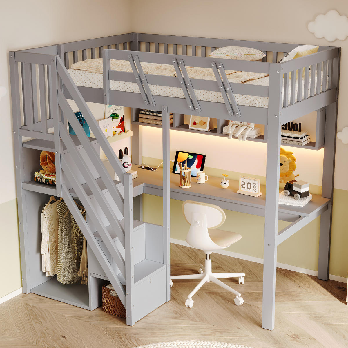 HOCHBETT 90/200 cm mit Stauraumtreppe und Schreibtisch, DE-01497, in Grau - Grau, Holzwerkstoff (90/200cm) - ComfortXL