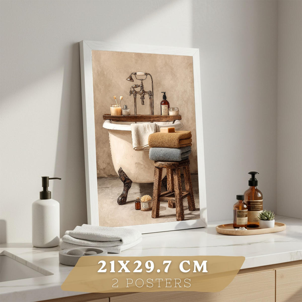 PLAKÁT Sada 2 dekorativních koupelnových tisků, rustikální styl, vintage lázeňské obrazy s ručníky a vanou, PLAKÁTy, bytové dekorace Bílý rám A4 - bílá, papír (29.7/21/3cm) - Nacnic