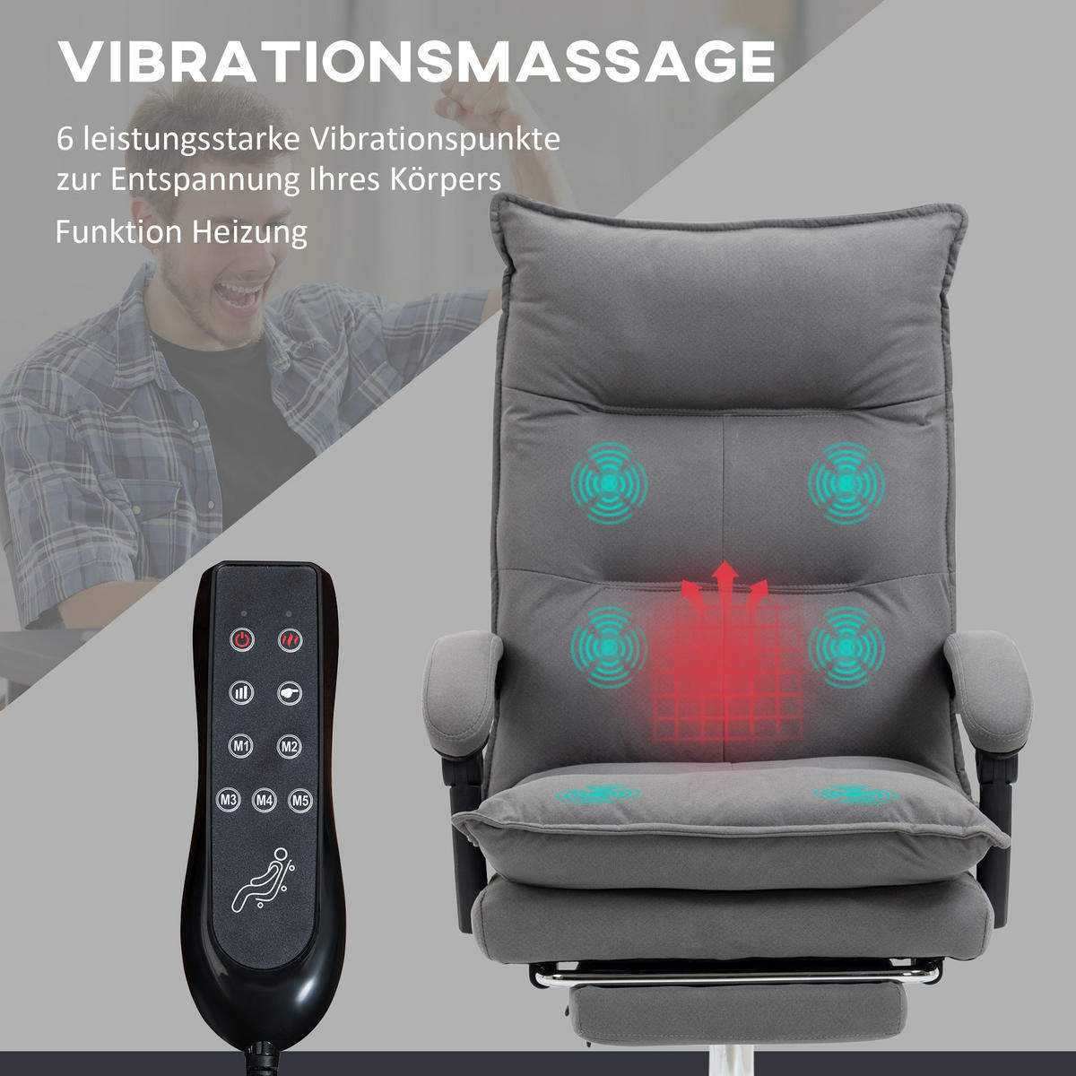 MASSAGE-BÜROSTUHL, Mikrofaser, Grau - Grau, Kunststoff (74/121.5/66cm) - Vinsetto