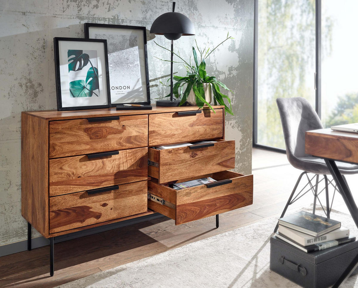 KOMMODE – Massivholz/Metall, 117x80x42 cm, 6 Schubladen, Industrial-Stil - Schwarz/Braun, Holz/Metall (117/80/42cm) - KADIMA DESIGN