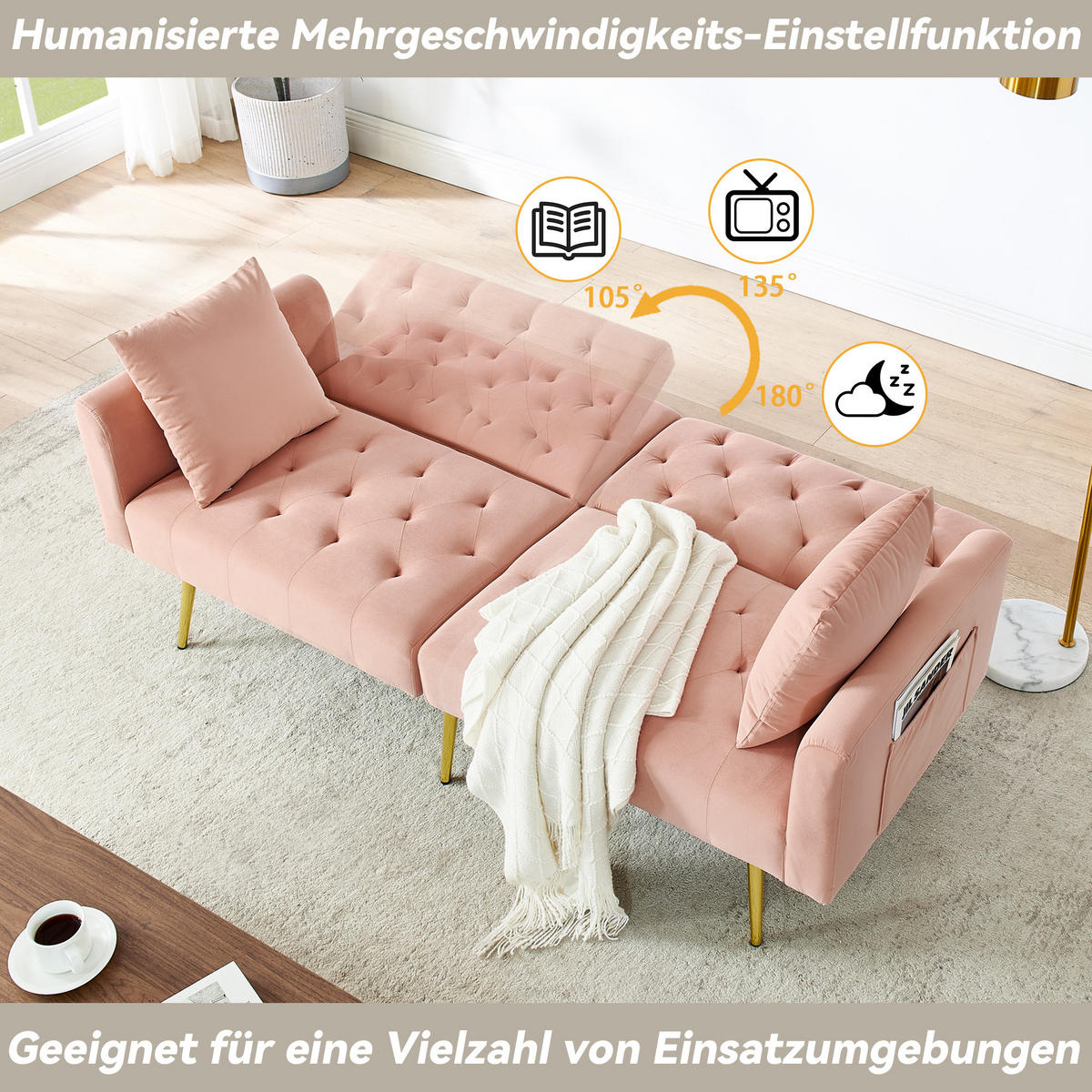 SCHLAFSOFA 177/78/74 cm in Pink Samt mit Aufbewahrungstasche - Rosa, Textil (78/74/177cm) - Oxeza