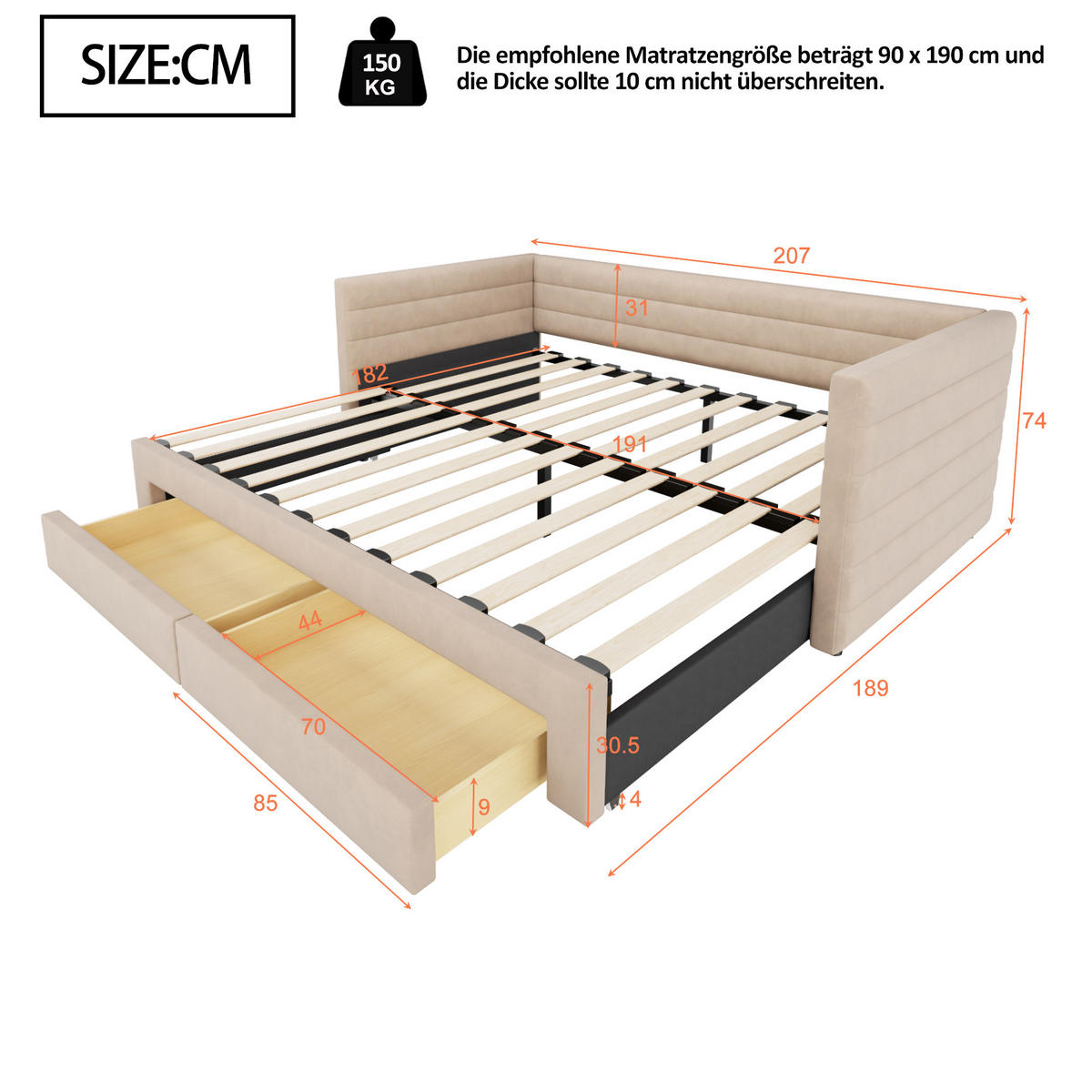 POLSTERBETT 90/190 cm Beige Ausziehbett mit Stauraum und Lattenrost - Beige, Textil (90/190cm) - OKWISH