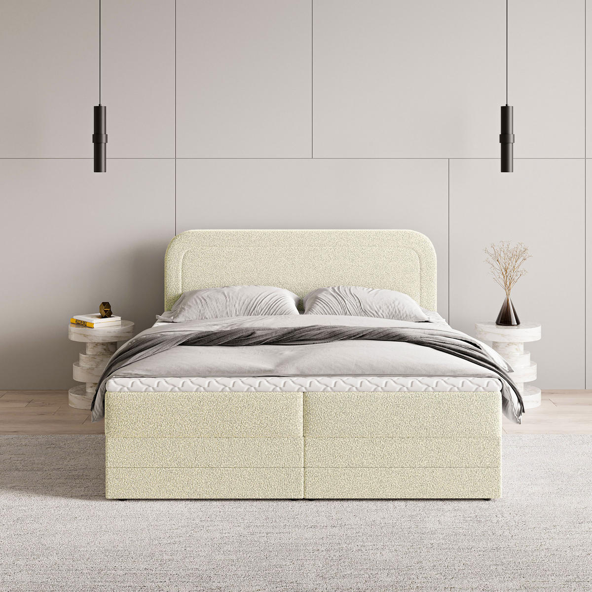 BOXBETT ARMEL 160x200 cm mit Matratze und Topper - Creme - Creme, Holz (160/200cm) - MASSENO