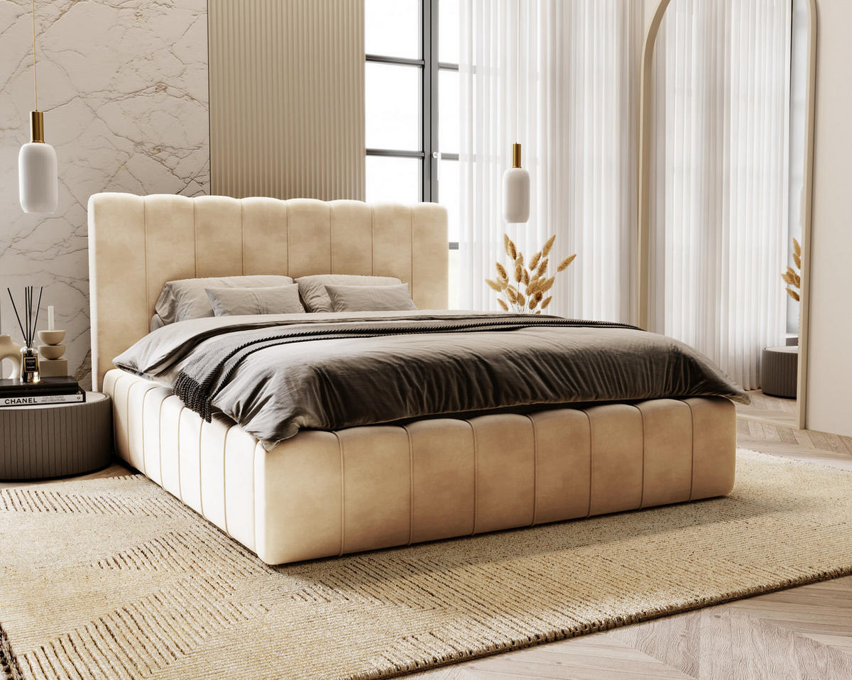 DOPPELBETT mit Bettkasten 200x200 Porto, Lattenrost, Beige - Beige, Holz/Textil (200/200cm) - Emporius