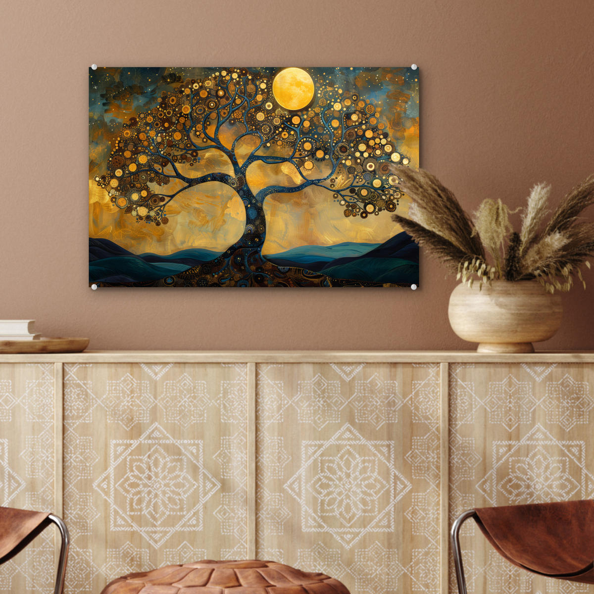 ACRYLGLASBILD Baum - Mond - Blumen - Gold - Kunst 60x40 cm - Orange, Glas (60/40cm) - MuchoWow