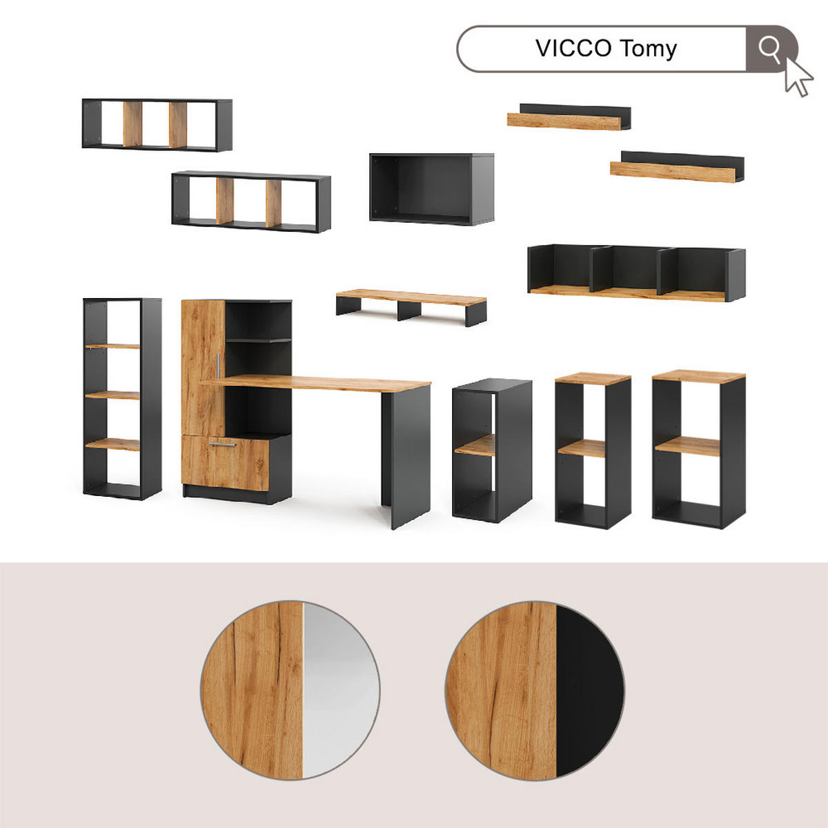 SCHREIBTISCH Tomy, Anthrazit/Goldkraft Eiche, 150 x 59 cm 2er Set - Honigeiche/Anthrazit, Holzwerkstoff (59/150/120cm) - Vicco