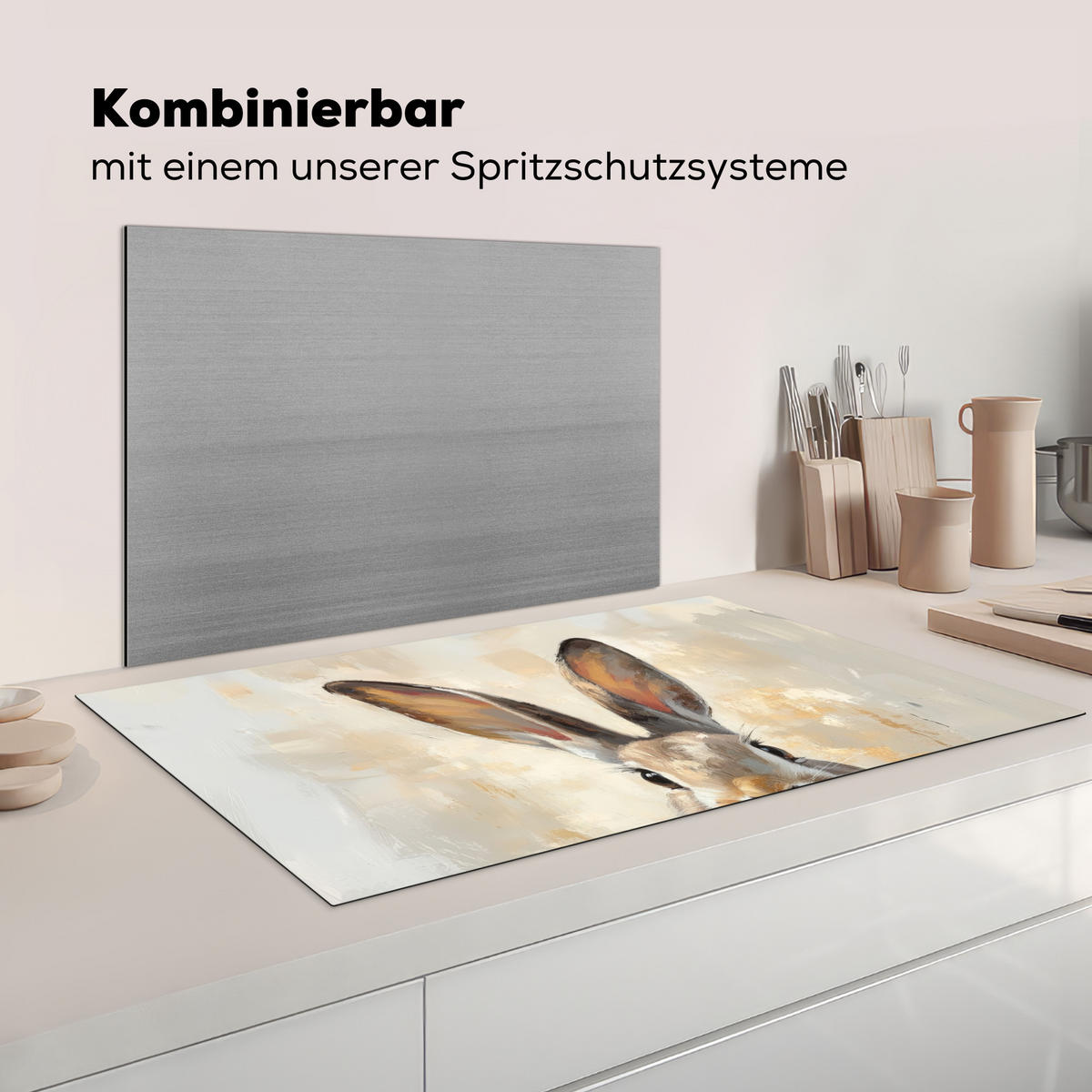 HERDABDECKPLATTE Hase - Ohren - Braun Induktionsschutz 91.2x52 cm - Beige, Kunststoff (91.2/52/0.2cm) - MuchoWow