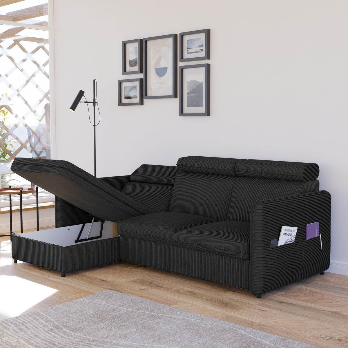 ECKSOFA mit Schlaffunktion und Bettkasten, Schwarz - Schwarz, Holzwerkstoff/Textil (220/140cm) - Idohome