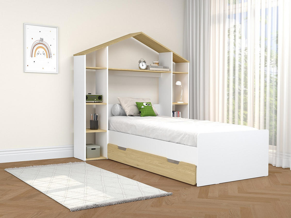 HAUSBETT - 1 Person - Holz, Platte - Naturfarben Hell, Weiß - - Naturfarben/Weiß, Holz (90/190cm) - Vente-Unique