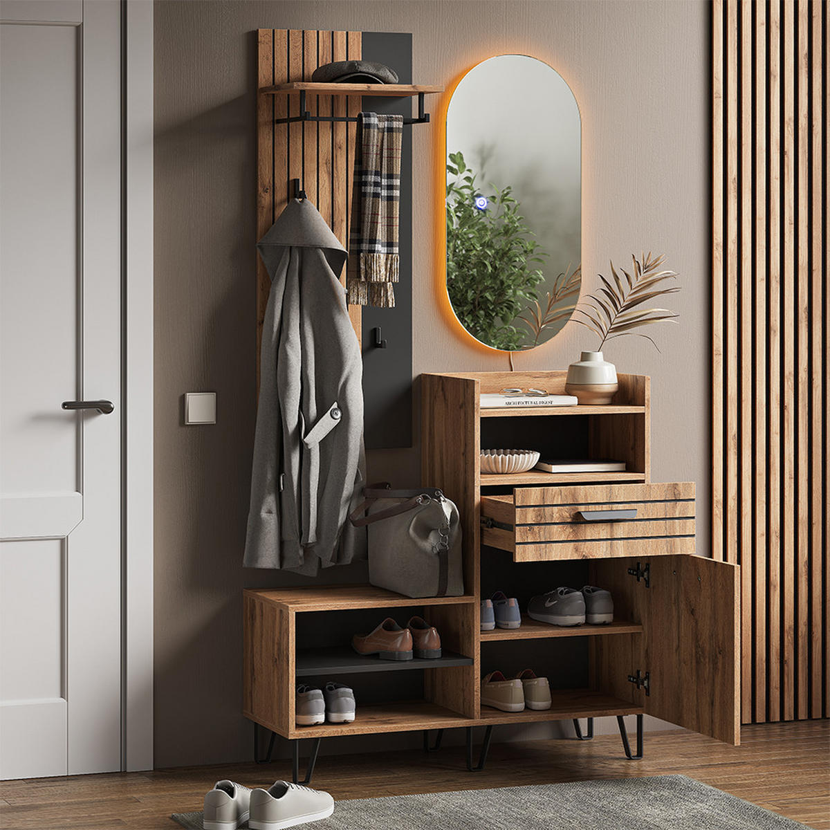 GARDEROBE Amber Eiche Wotan 100 x 100 cm 3 Teile - Eiche Wotan, Holzwerkstoff (100/100/38cm) - Vicco