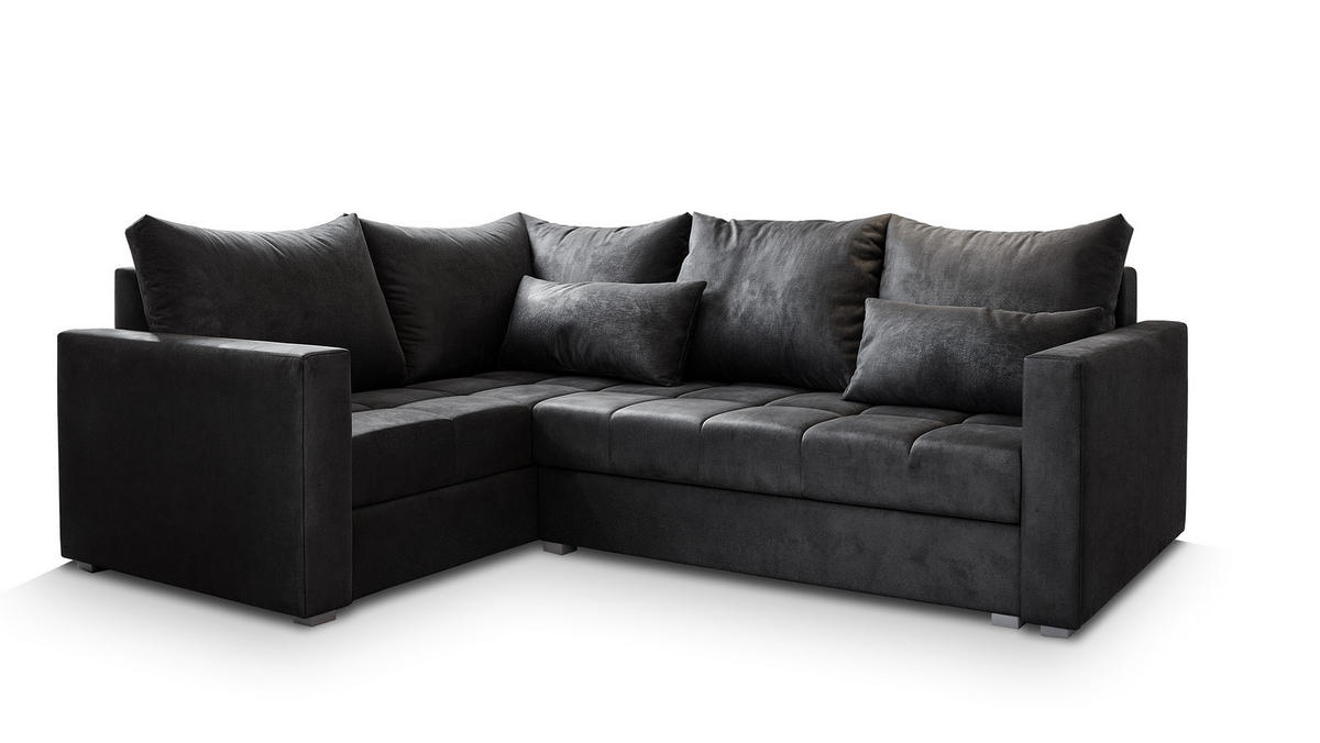 ECKSOFA LIRENO L-S Schwarz Plüsch-Stoff mit Schlaffunktion - Schwarz, Holz (220/153cm) - MASSENO