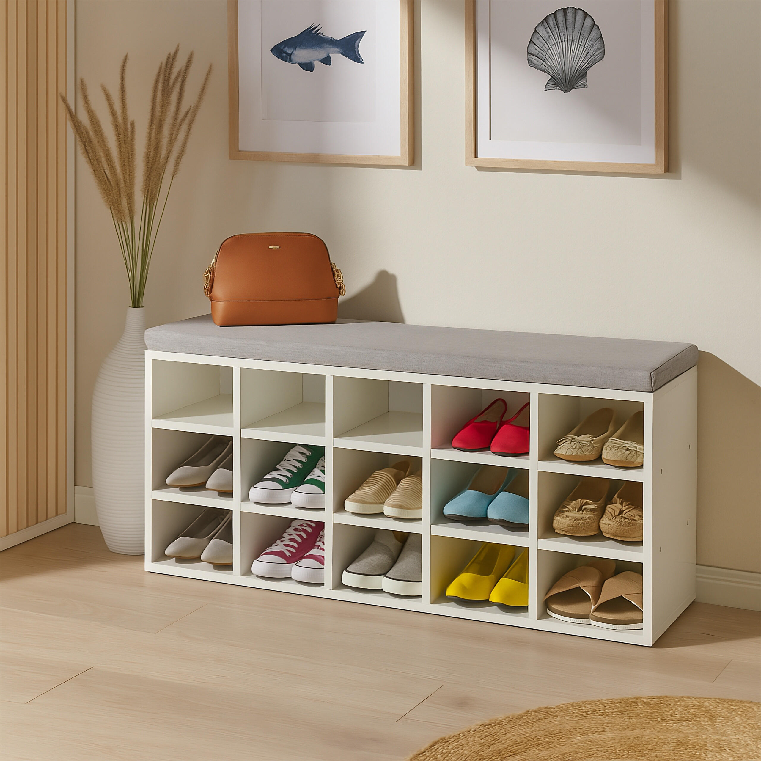SCHUHBANK - Weiß, Holzwerkstoff/Textil (105/50/30.5cm) - Relaxdays
