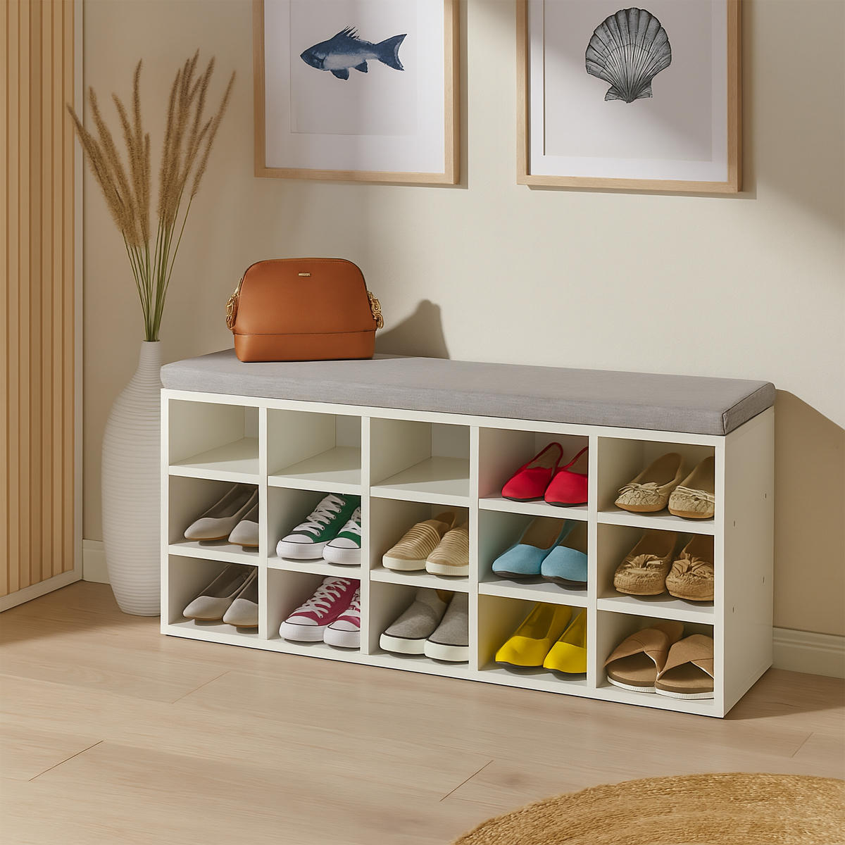 SCHUHBANK - Weiß, Holzwerkstoff/Textil (105/50/30.5cm) - Relaxdays