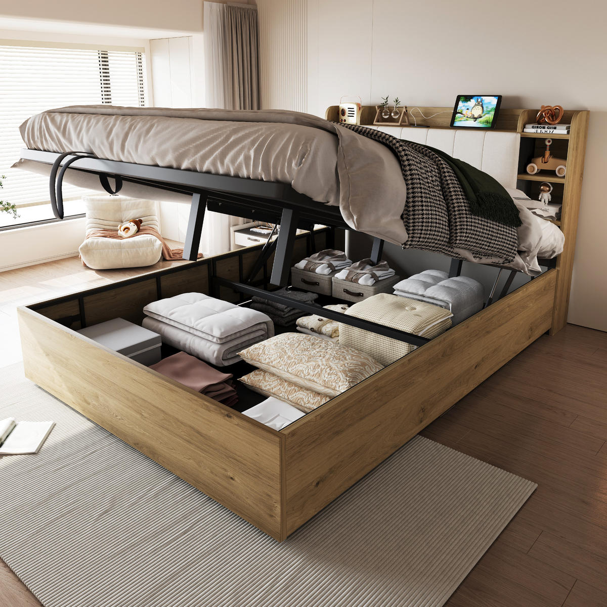 POLSTERBETT 180/200 cm Holzfarbe mit Stauraum, Ausgestattet mit USB und Tape-C-Steckdose - Naturfarben, Holz (180/200cm) - Oxeza