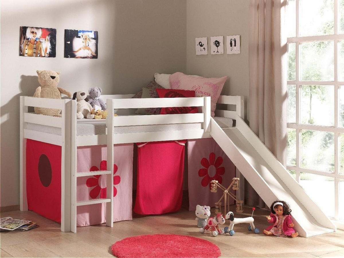 HOCHBETT mit Rutsche Karolina Massivholz Weiß Textilset Flower - Pink/Weiß, Holz (90/200cm) - 58aufmkessel