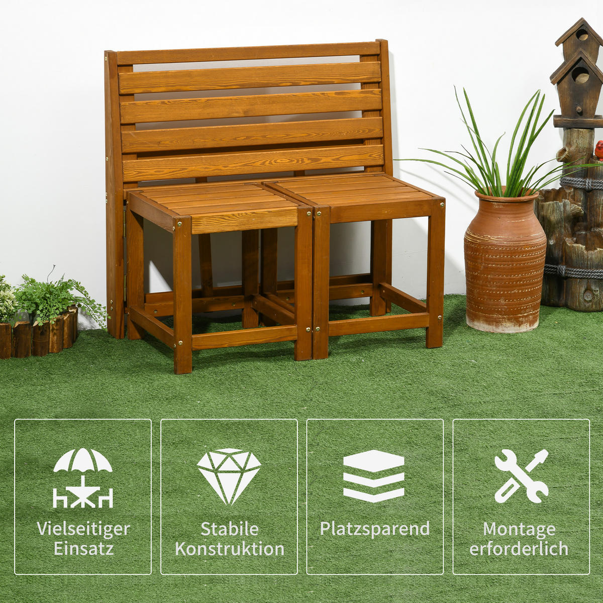 GARTENMÖBEL-SET, Gartentisch, Holzbank für 2 Personen, Massivholz, Teak - Teakfarben, Holz - Outsunny