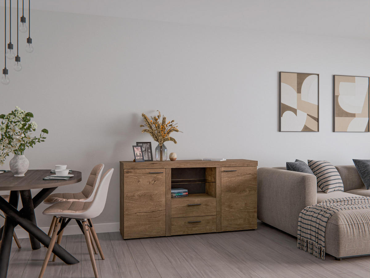 SIDEBOARD Spacoro 2F2S Eiche Lefkas 156,4/82/40,3 cm – Schubladenschrank Kommode Modern - Braun, Holzwerkstoff/Kunststoff (156/82/40cm) - AX Living