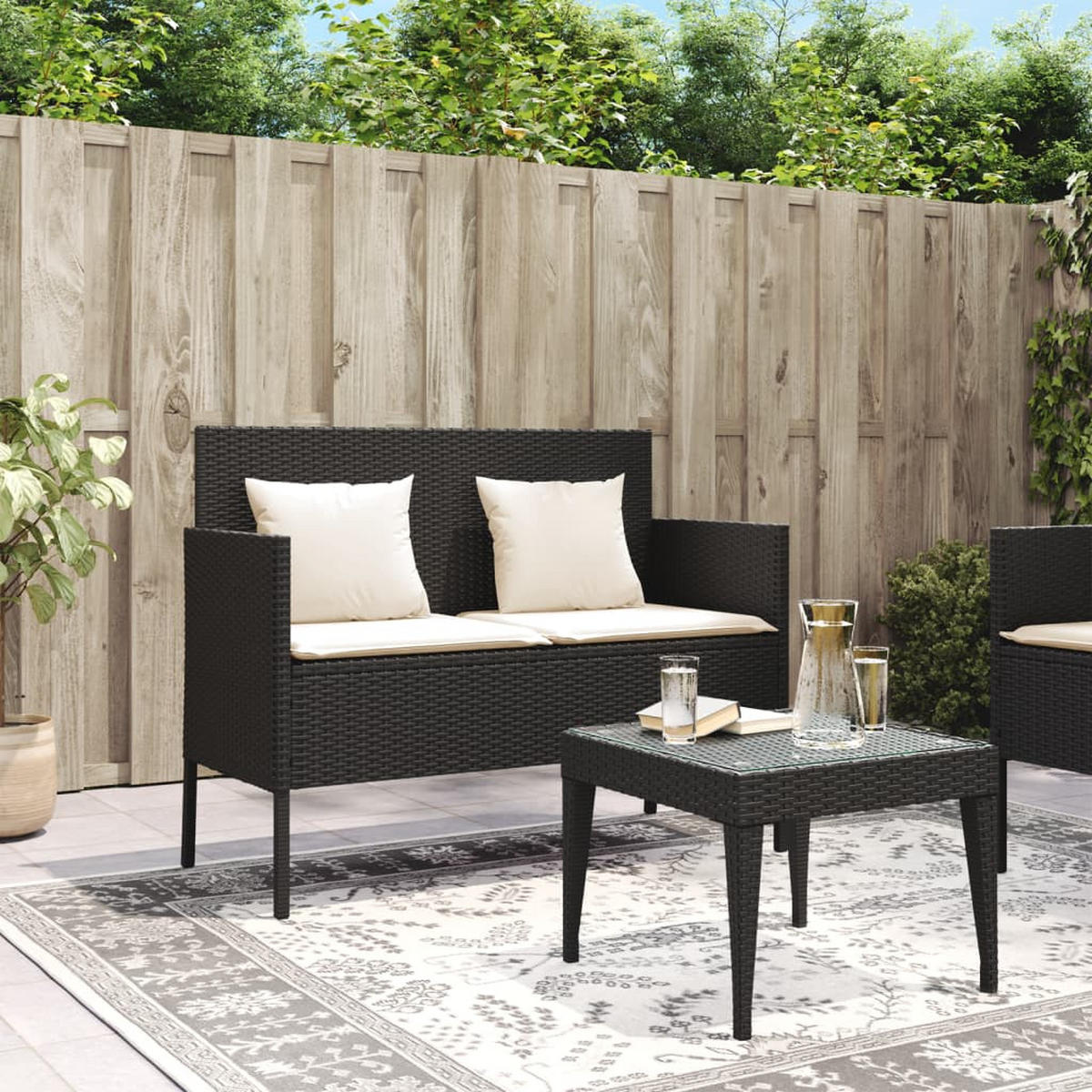 GARTENBANK mit Kissen Schwarz Poly Rattan - Creme/Schwarz, Kunststoff (113/87/61cm) - furnicato