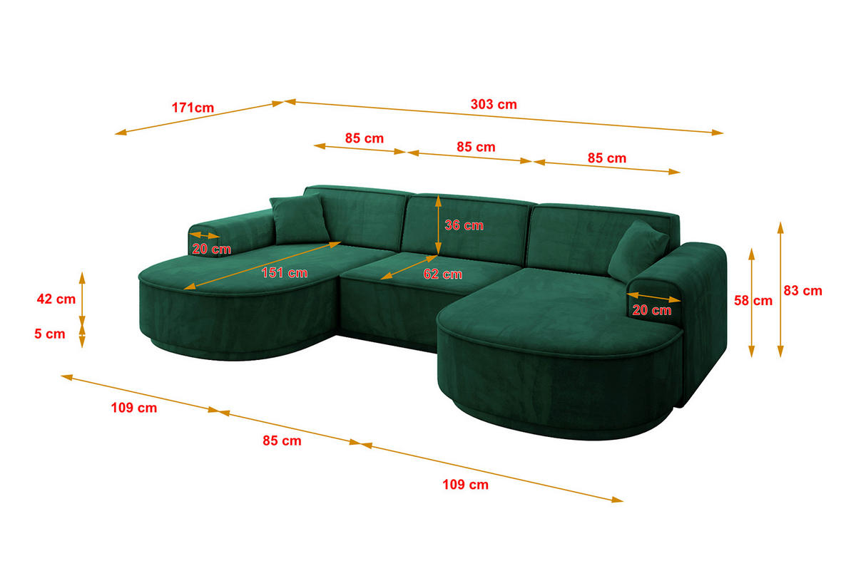 WOHNLANDSCHAFT MARI-U1-v3 - 303x171x83 cm Grün Velours - Schwarz/Grün, Holzwerkstoff/Kunststoff (303/83/171cm) - ALTDECOR