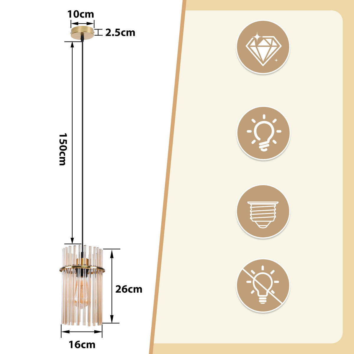 PENDELLEUCHTE Liora 16/10/150 cm - Goldfarben, Metall (16/10/150cm) - ZMH