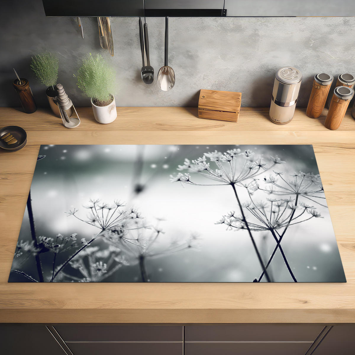HERDABDECKPLATTE Blumen - Winter - Schnee - Natur Ceranfeldabdeckung 90x52 cm - Grau, Kunststoff (90/52/0.2cm) - MuchoWow