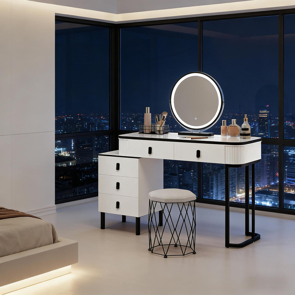 SCHMINKTISCH mit verstellbarem runden LED-Spiegel / 5 Schubladen / gepolstertem Hocker - Schwarz, Glas (125/100/40cm) - Vallsero