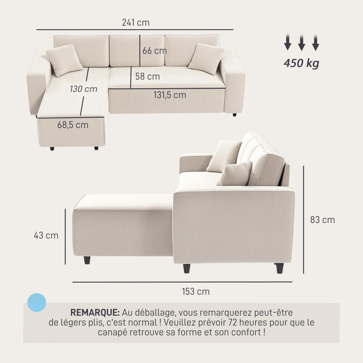ECKSOFA Creme 3-Sitzer Cord 241/153/83 cm - Weiß, Textil (241/153cm) - PANGIVO