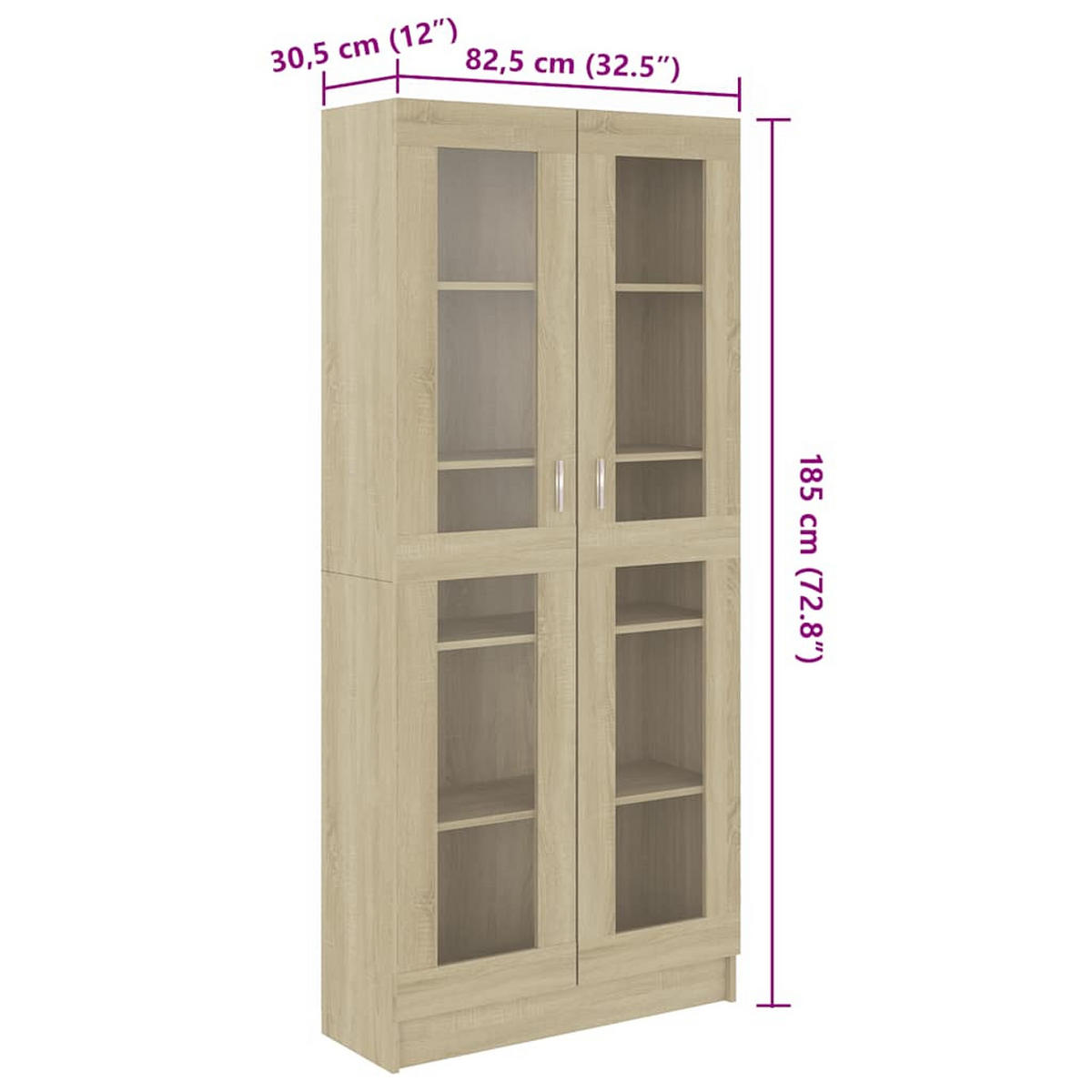 VITRINENSCHRANK mit 5 Fächern, 2 Glastüren 82,5/30,5/185 cm aus Holzwerkstoff Sonoma-Eiche Dekor - Sonoma Eiche, Holz (82.5/185/30.5cm) - vidaXL