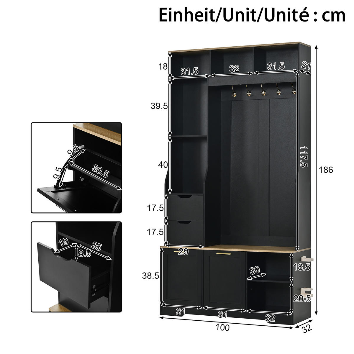 KOMPAKTGARDEROBE Schwarz Flurschrank mit Sitzbank, Schuhschrank & LED Licht - Schwarz, Holzwerkstoff (100/186/32cm) - Urban Meuble
