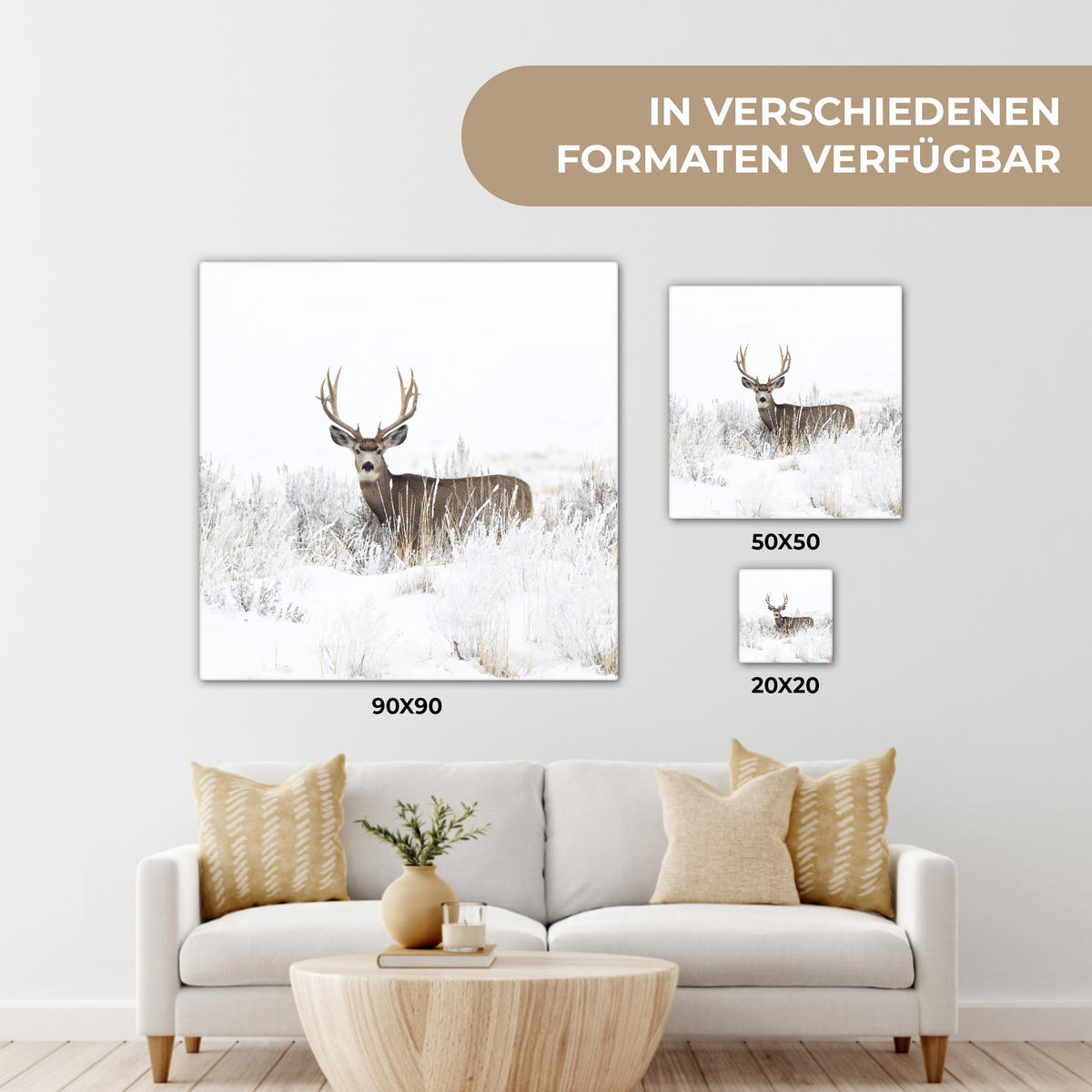 LEINWANDBILD Hirsche - Winter - Schnee - Tiere - Jahreszeiten - Weiß 50x50 cm - Hellbraun, Textil (50/50cm) - MuchoWow