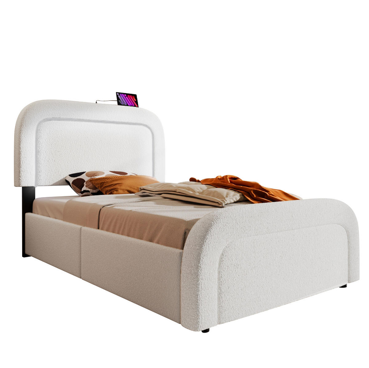 POLSTERBETT 90/200 cm Weiß mit USB- und Type-C-Anschlüssen und LED-Beleuchtung - Weiß, Textil (90/200cm) - OKWISH