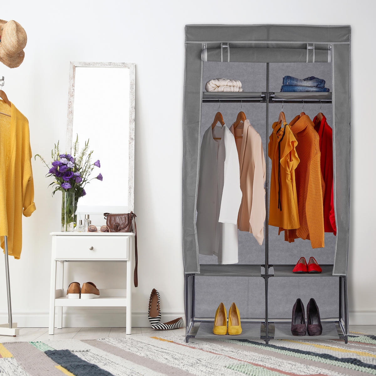 STOFFSCHRANK - Grau, Kunststoff/Textil (90/172/45cm) - Relaxdays