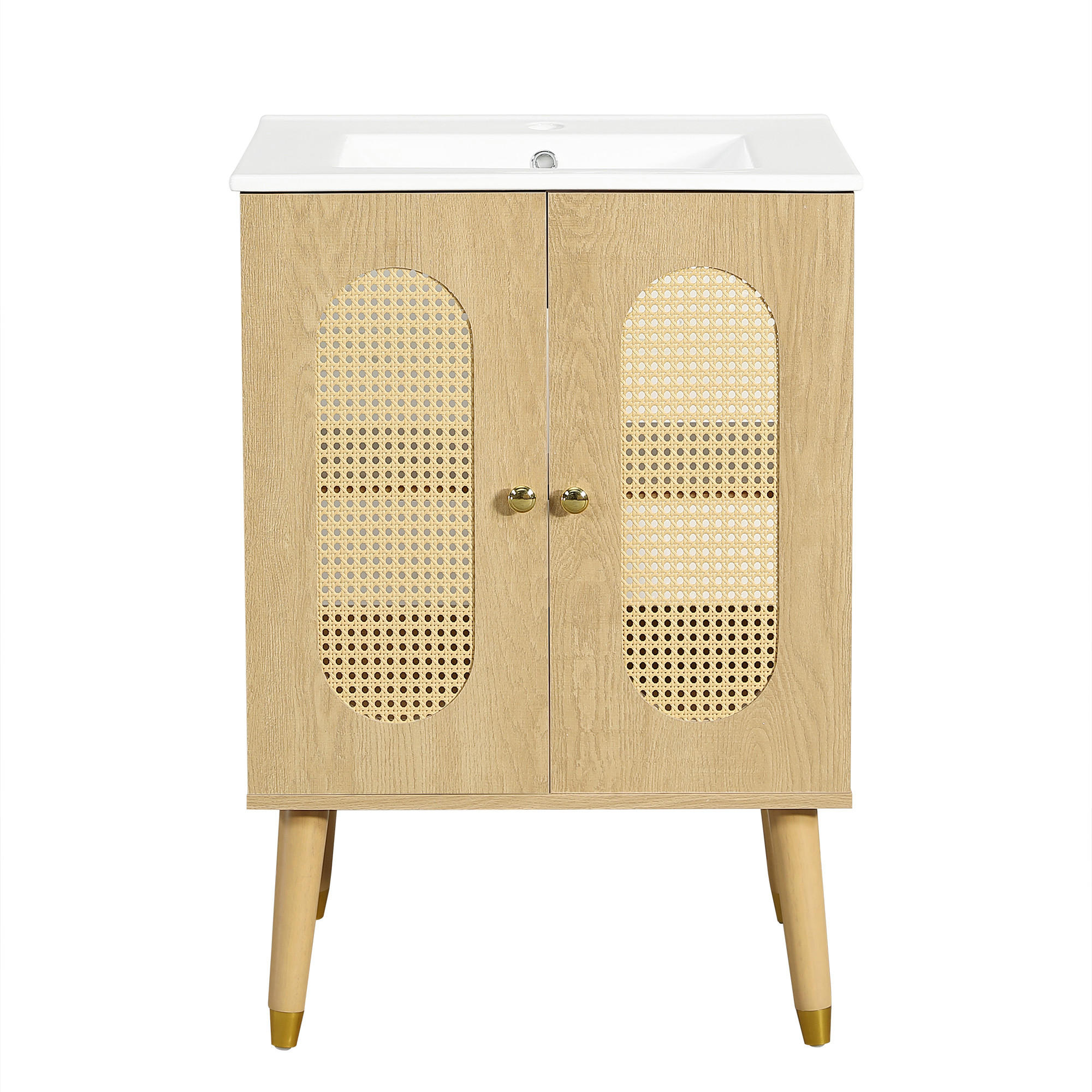 BADEZIMMERSCHRANK Rattan Türen Holzoptik Stauraum 61cm - Naturfarben, Keramik (61/89/47cm) - FLIEKS