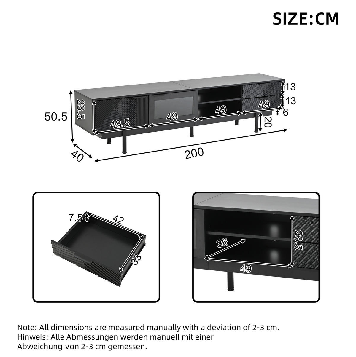 TV-ELEMENT 200 x 40 x 50,5 cm Schwarz mit 2 Türen und 2 Schubladen - Schwarz, Holzwerkstoff (40/50.5/200cm) - Beauniv