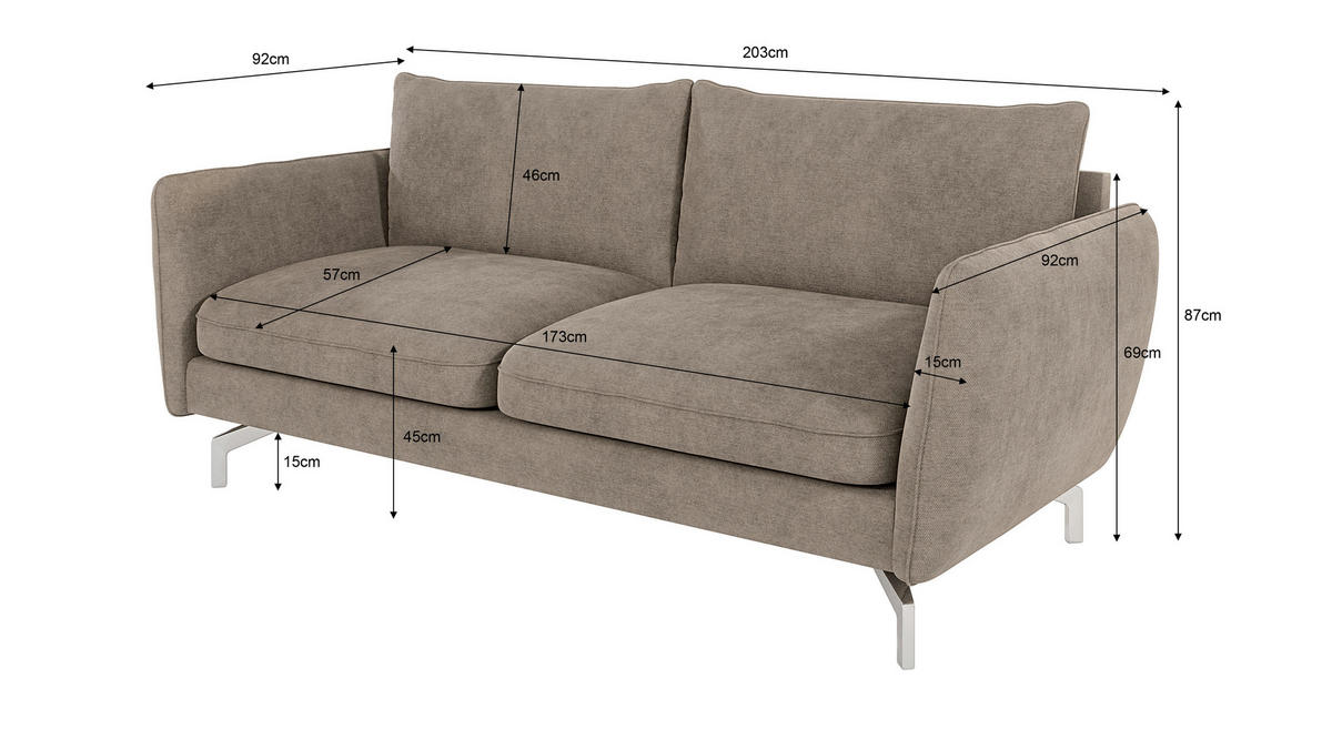 3-SITZER-SOFA Elou Dunkelbeige Microfaser - Chromfarben/Beige, Holz/Textil (203/87/92cm) - S-Style Möbel