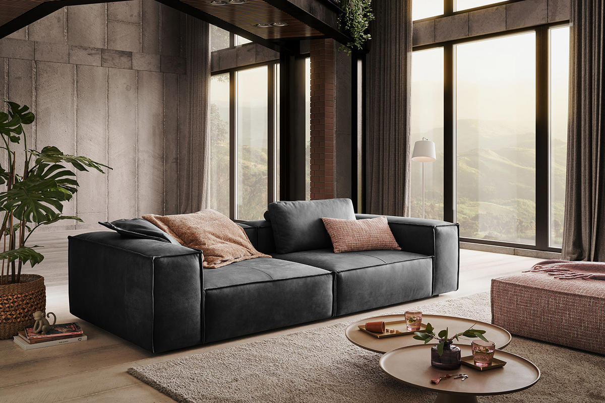 SOFA CARMO Anthrazit Leder - Anthrazit/Schwarz, Leder/Kunststoff (266/68/118cm) - KAWOLA