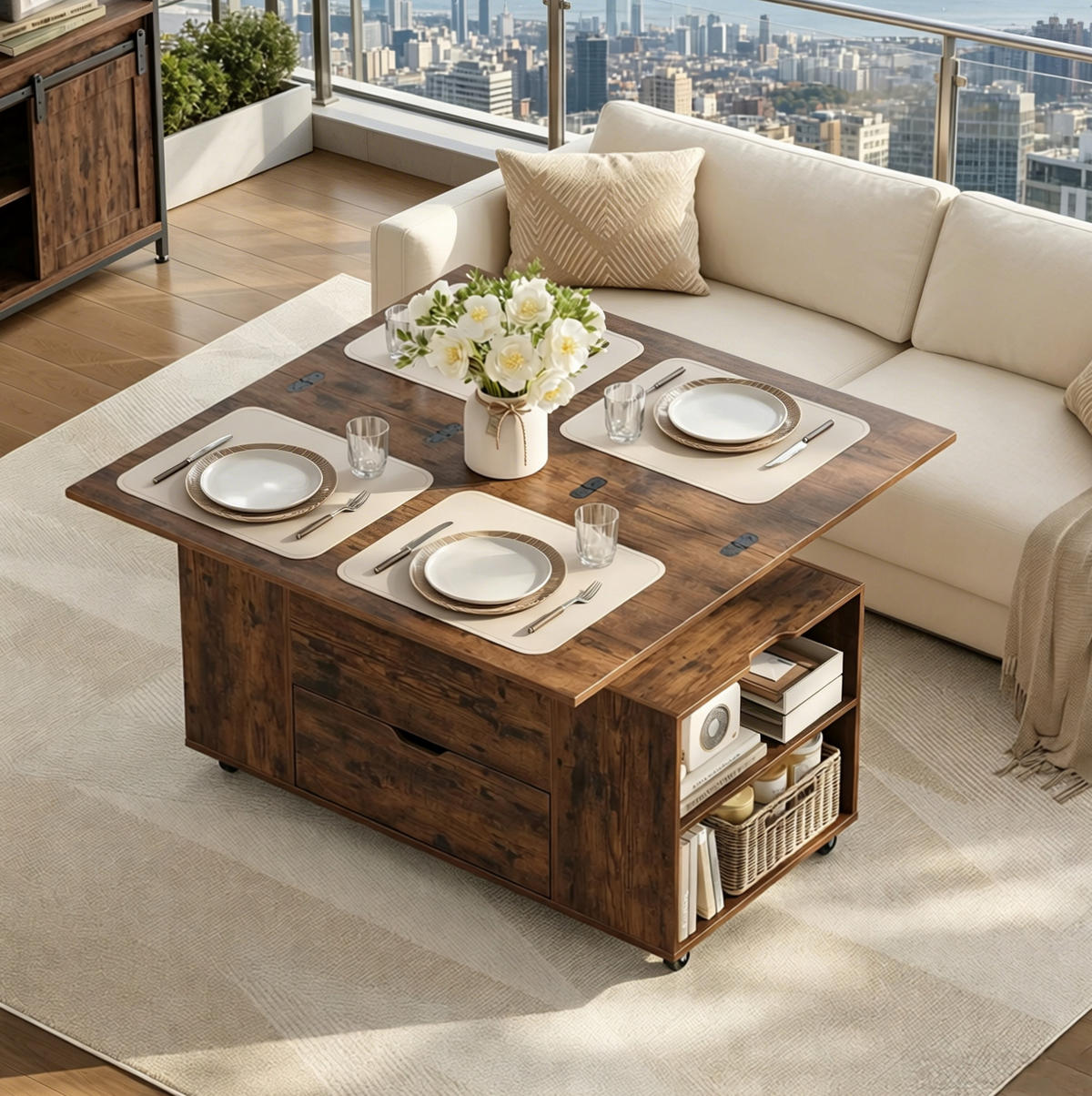 COUCHTISCH aus Holz und Metall 100x50,5x53 cm Rustikalbraun mit höhenverstellbarer Tischplatte und Rollen - Kastanienfarben, Metall (100/50.5/53cm) - IVMEU