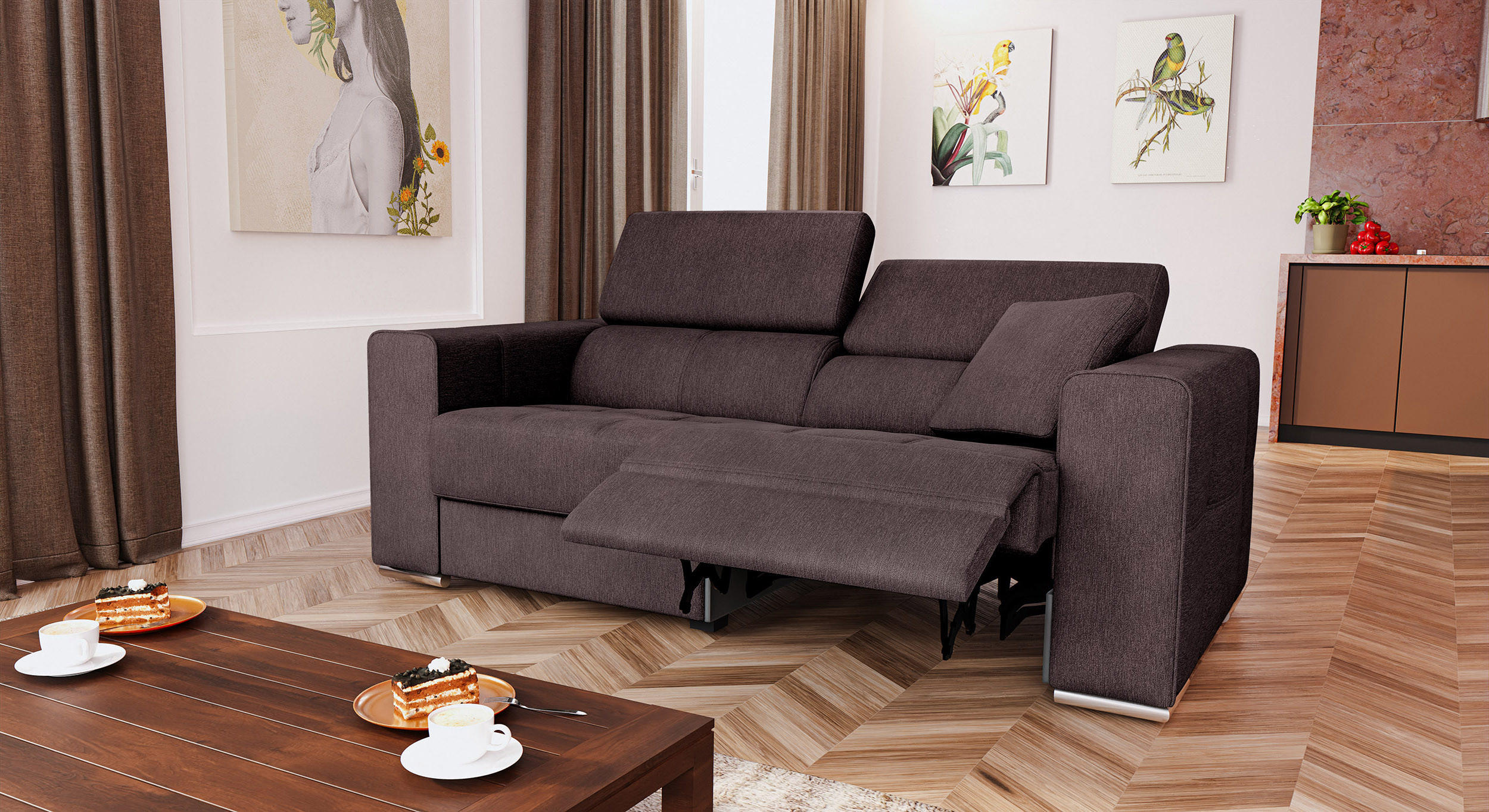 SOFA QUARTZ 3-Sitzer mit 1 Relaxfunktion, dunkelbraun - Dunkelbraun/Silberfarben, Holzwerkstoff/Textil (204/80/102cm) - Courtois Laville