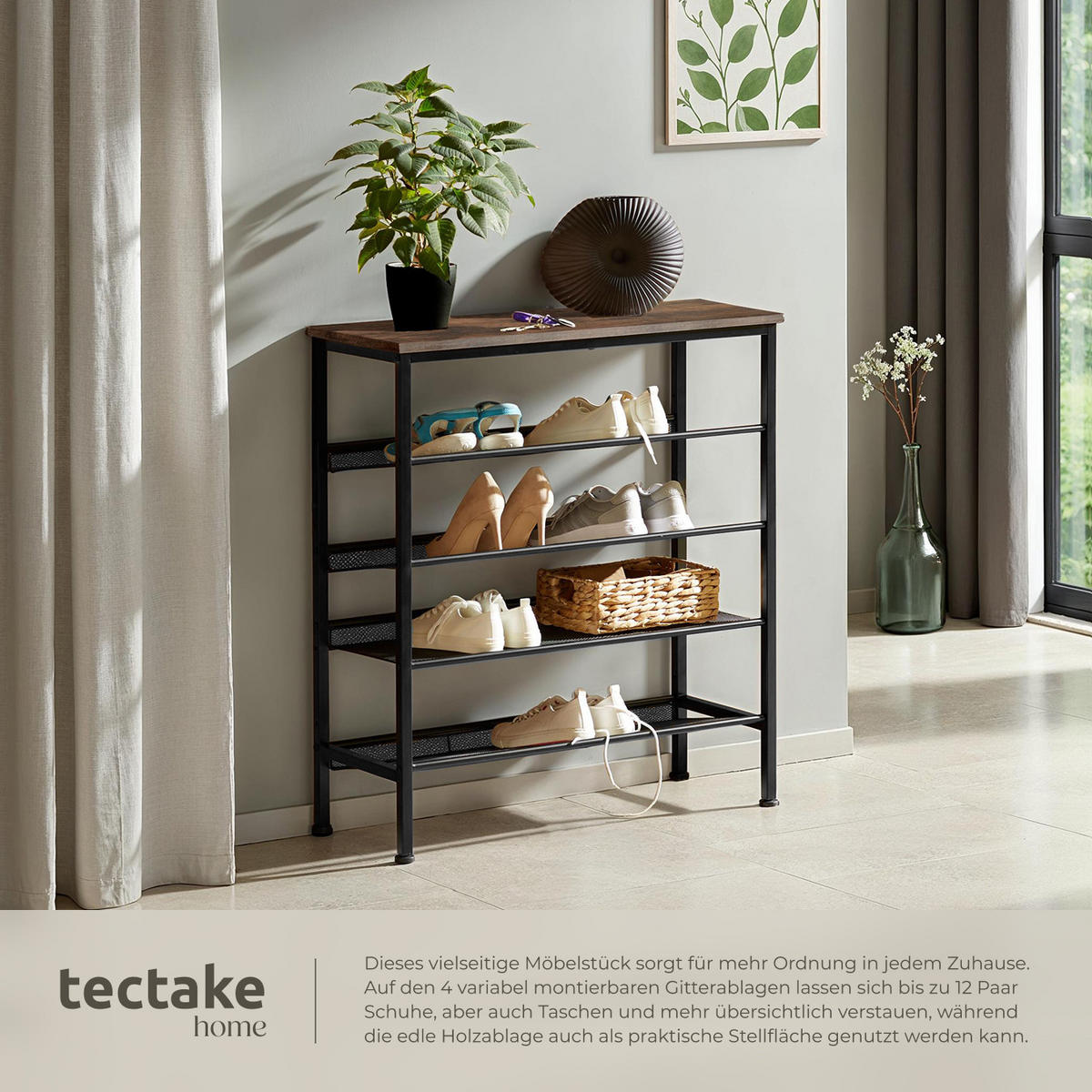 SCHUHREGAL Bournemouth,75,5 x 30,5 x 85,5 cm,Industrial Holz dunkel, rustikal - Rostfarben, Holz (30.5/85.5/75.5cm) - tectake