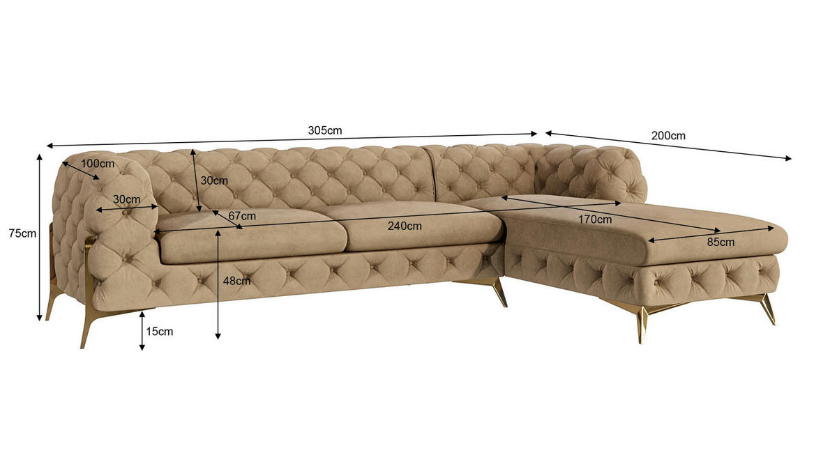 ECKSOFA Chesterfield Lexi Beige Samt, Ottomane rechts - Beige/Goldfarben, Holz/Textil (305/200cm) - S-Style Möbel